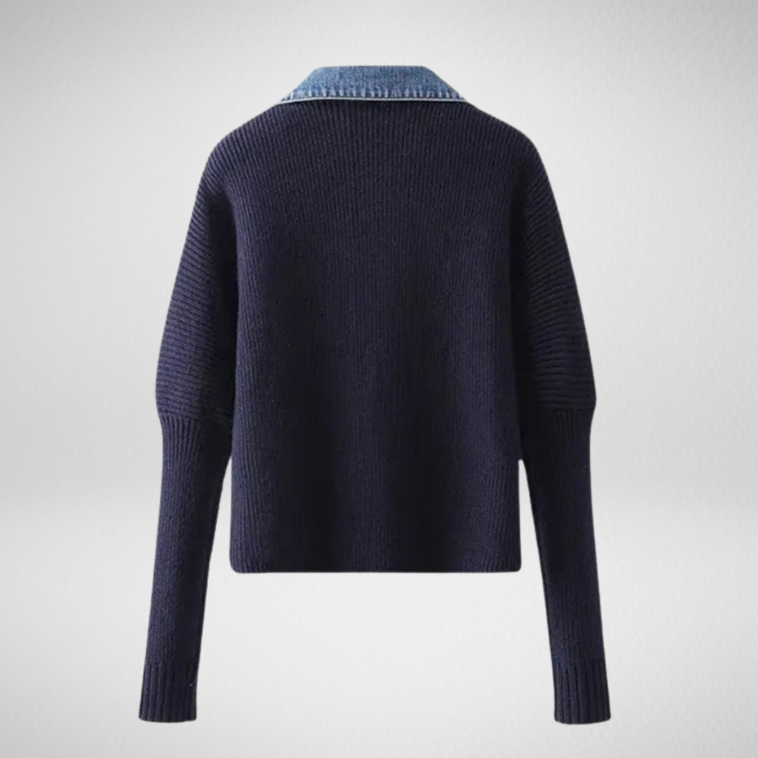 Damski dzianinowy kardigan z dżinsowym wykończeniem – nowoczesny kontrast