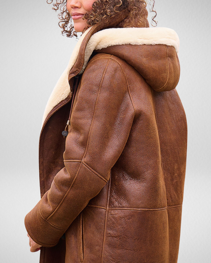 Damski płaszcz zimowy z kożuchem – z kapturem – luźny krój – ciepła podszewka