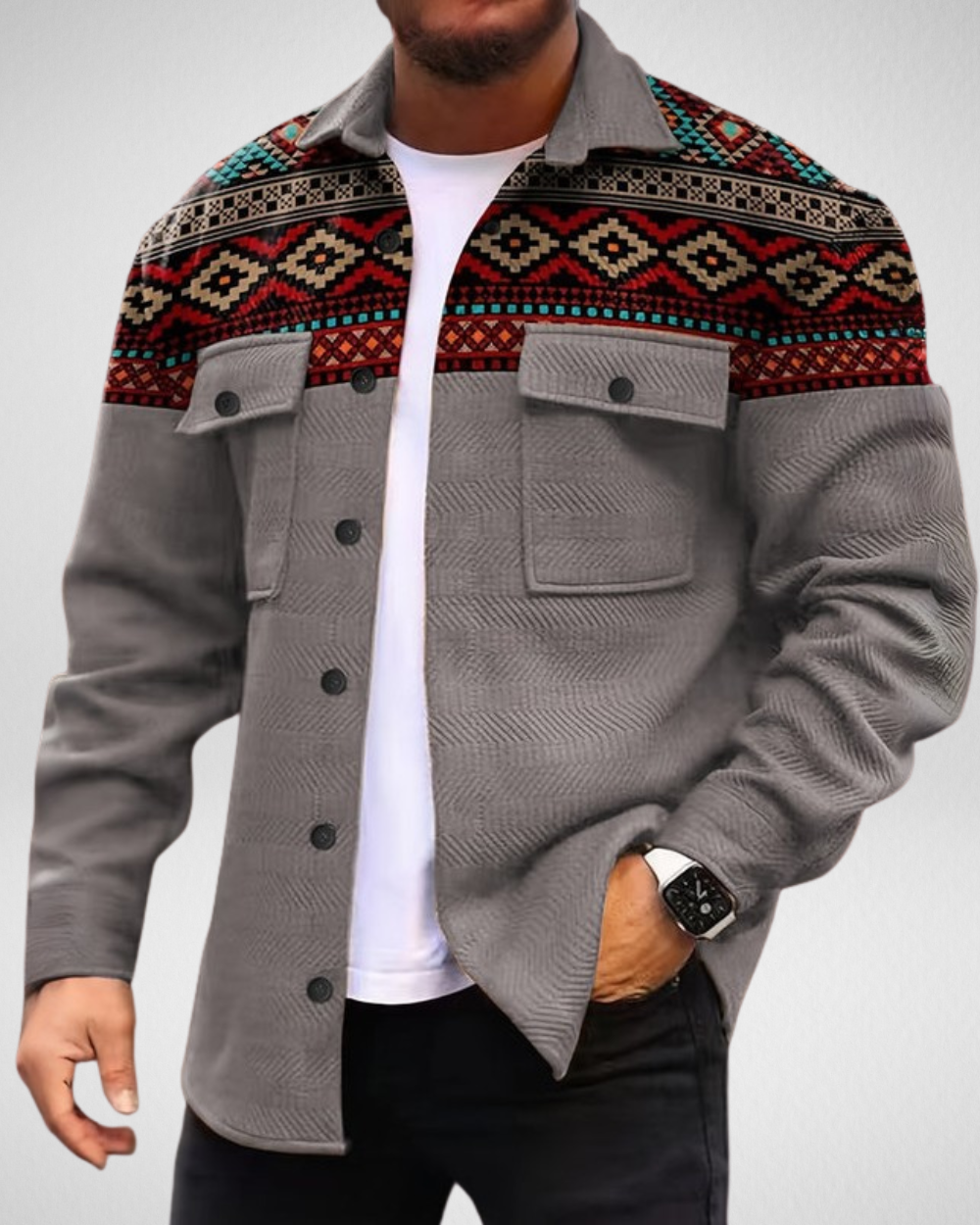 Męska Koszula-Kurtka – Strukturalne Zapięcie na Guziki – Wzór na Ramionach