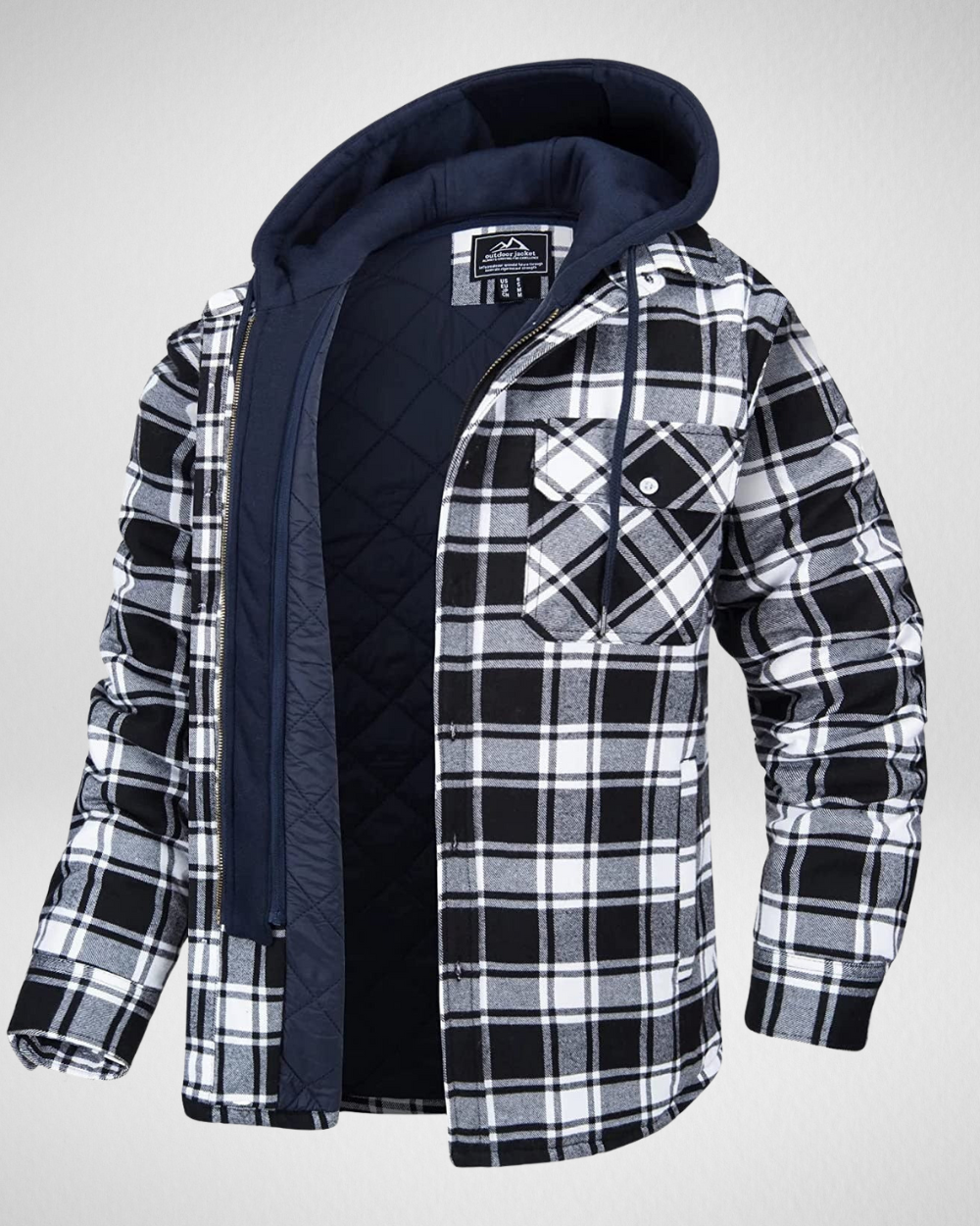 Męska kraciasta kurtka z kapturem – ocieplana – styl drwala