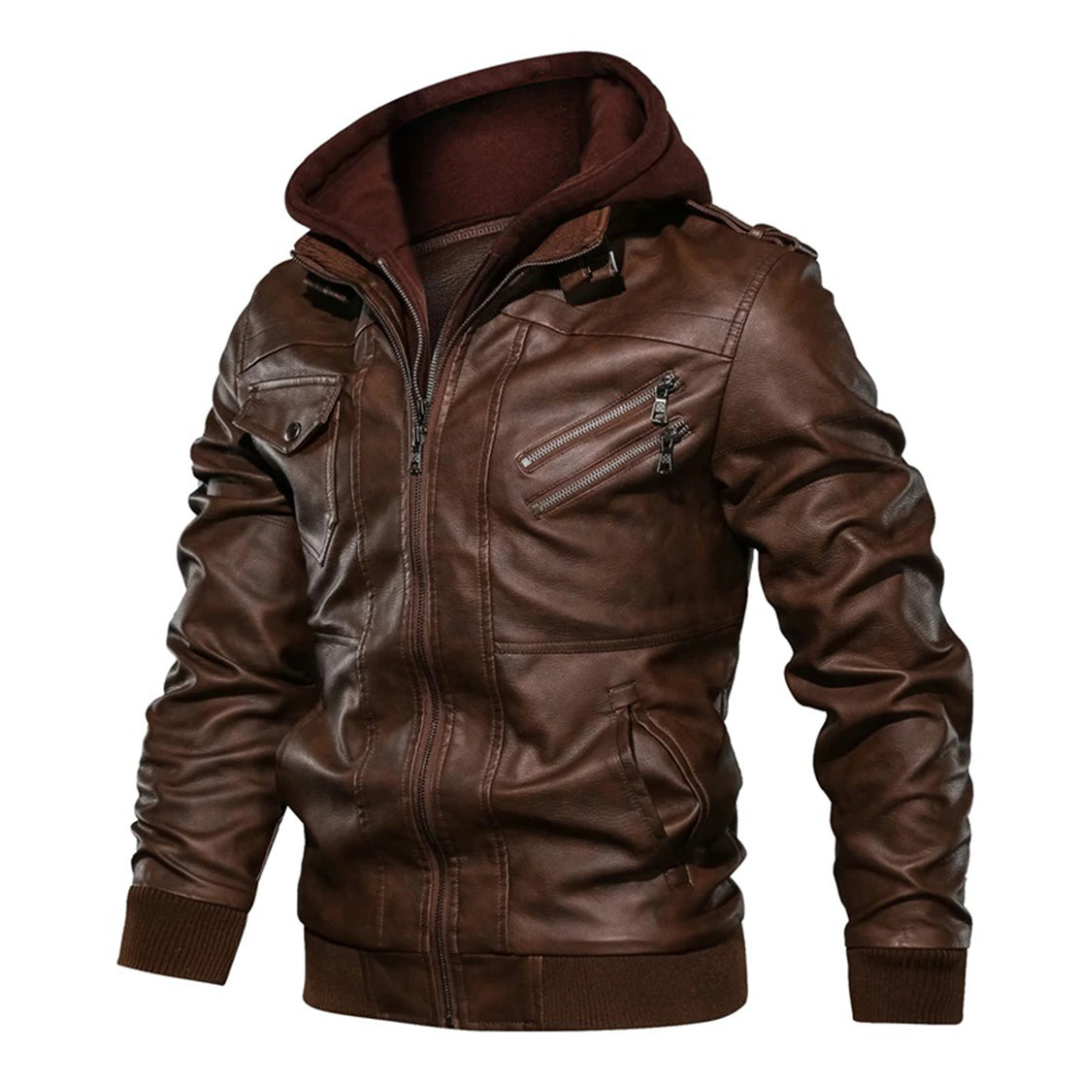 Męska skórzana kurtka z kapturem – Ciepła podszewka – Wygodne kieszenie