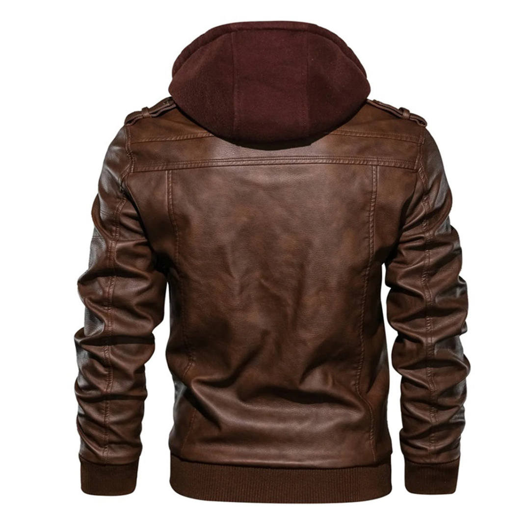 Męska skórzana kurtka z kapturem – Ciepła podszewka – Wygodne kieszenie