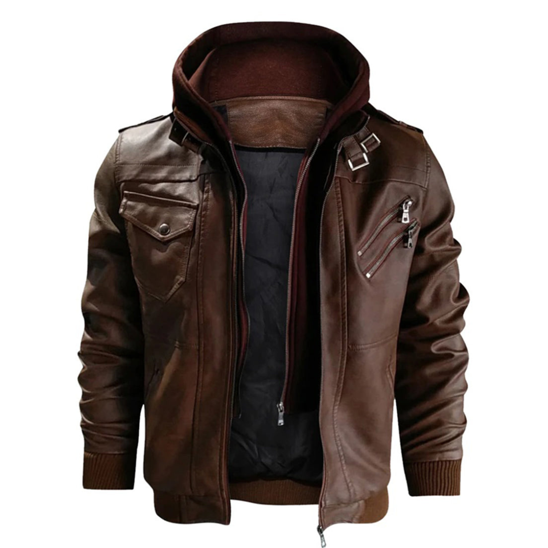 Męska skórzana kurtka z kapturem – Ciepła podszewka – Wygodne kieszenie