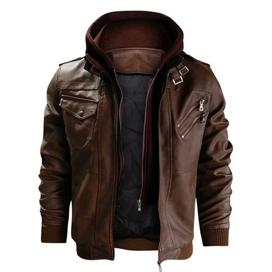 Męska skórzana kurtka z kapturem – Ciepła podszewka – Wygodne kieszenie