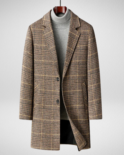 Męski Elegancki Płaszcz Wełniany – Wzór w Kratę – Zima