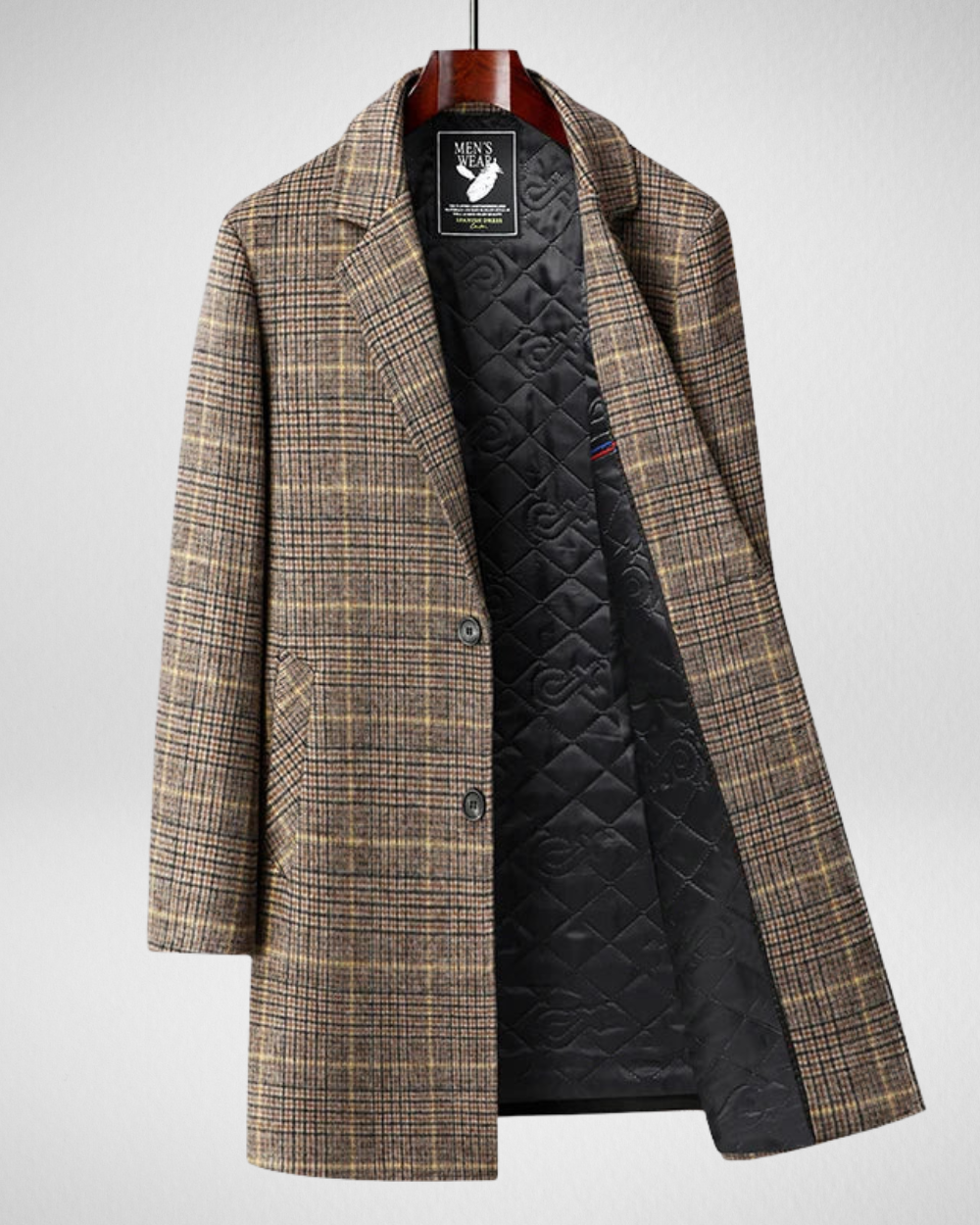 Męski Elegancki Płaszcz Wełniany – Wzór w Kratę – Zima