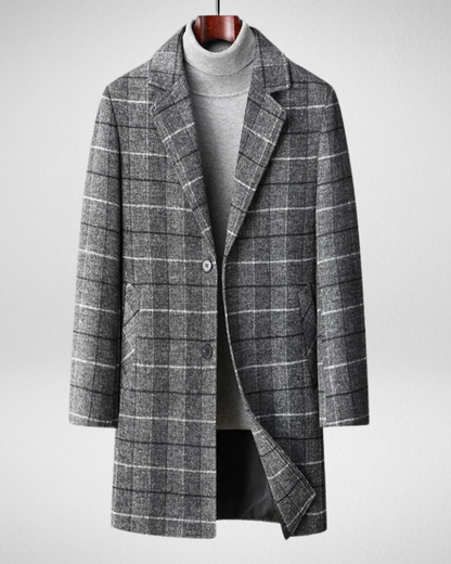 Męski Elegancki Płaszcz Wełniany – Wzór w Kratę – Zima