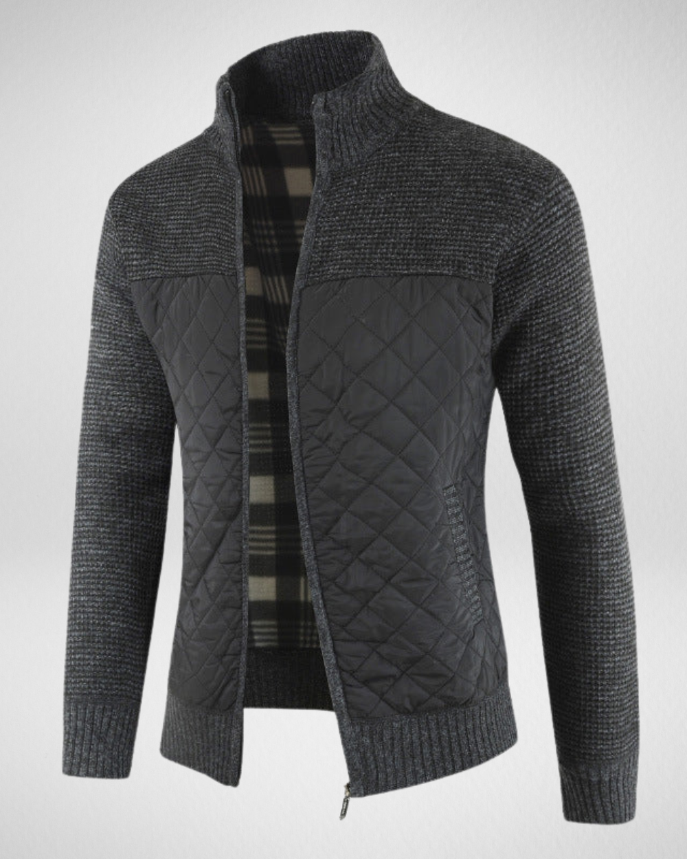 Męski Kardigan Długi – Slim Fit – Wysoki Kołnierz