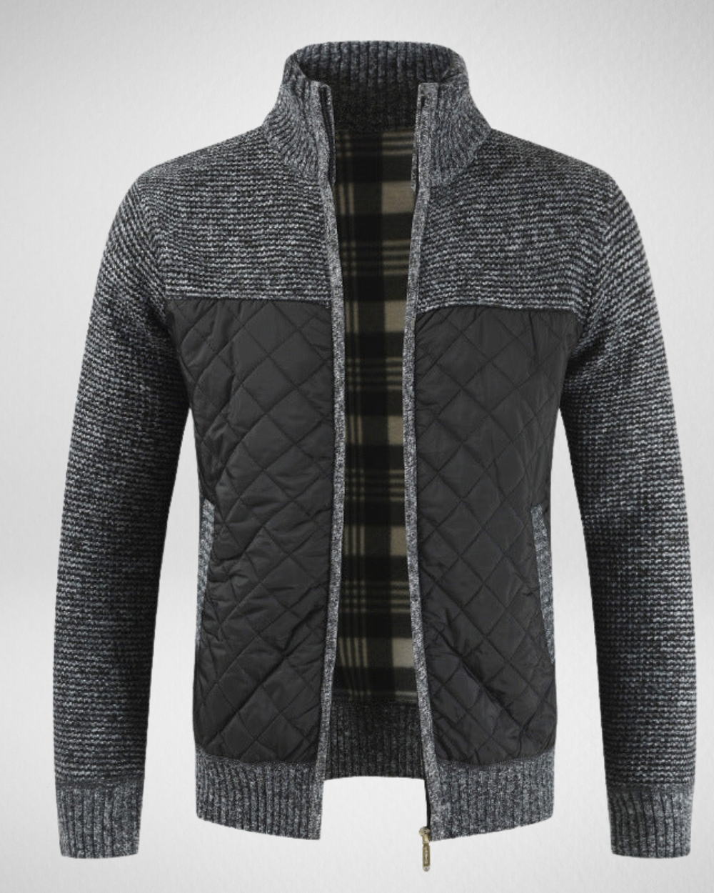 Męski Kardigan Długi – Slim Fit – Wysoki Kołnierz