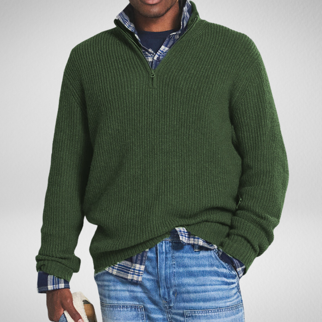 Męski ciepły sweter – dzianinowy – z półzamkiem