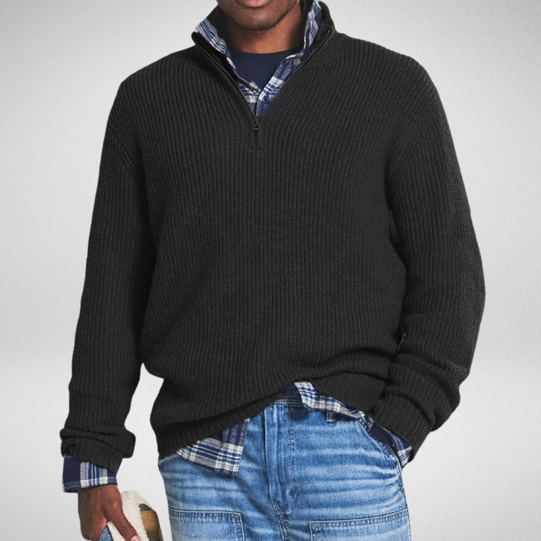 Męski ciepły sweter – dzianinowy – z półzamkiem