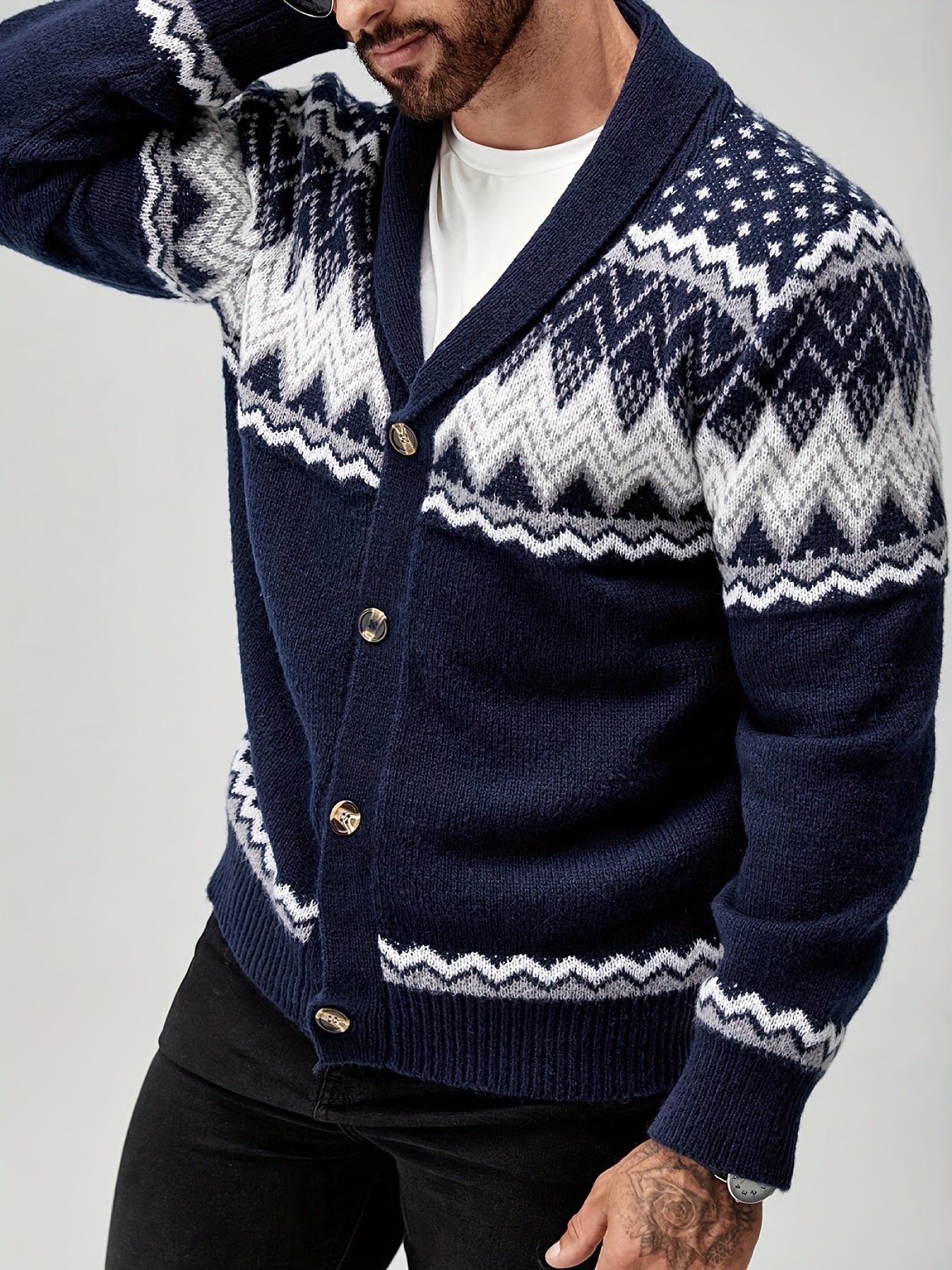 Męski dzianinowy kardigan z kołnierzem szalowym w stylu nordyckim