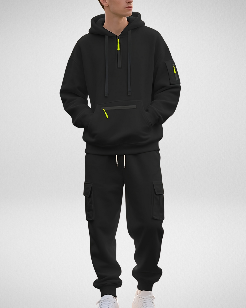 Dres męski – bluza z kapturem i spodnie cargo – sportowy zimowy styl
