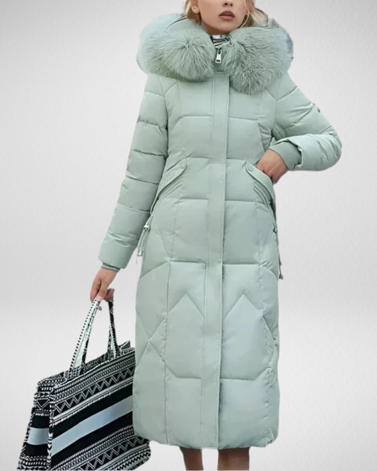 Elegancki płaszcz zimowy z kapturem i futrzanym kołnierzem