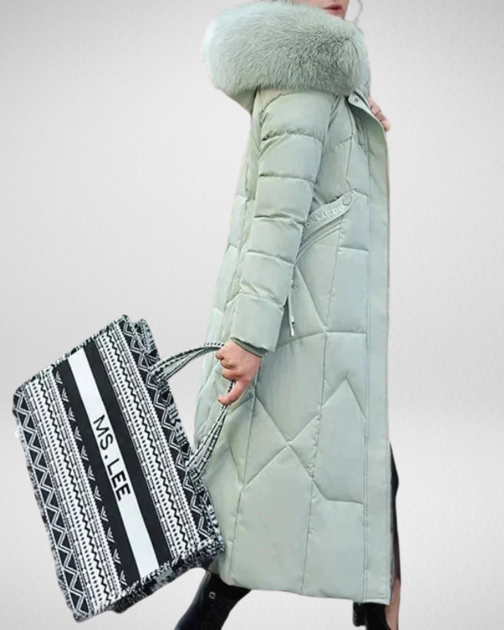 Elegancki płaszcz zimowy z kapturem i futrzanym kołnierzem