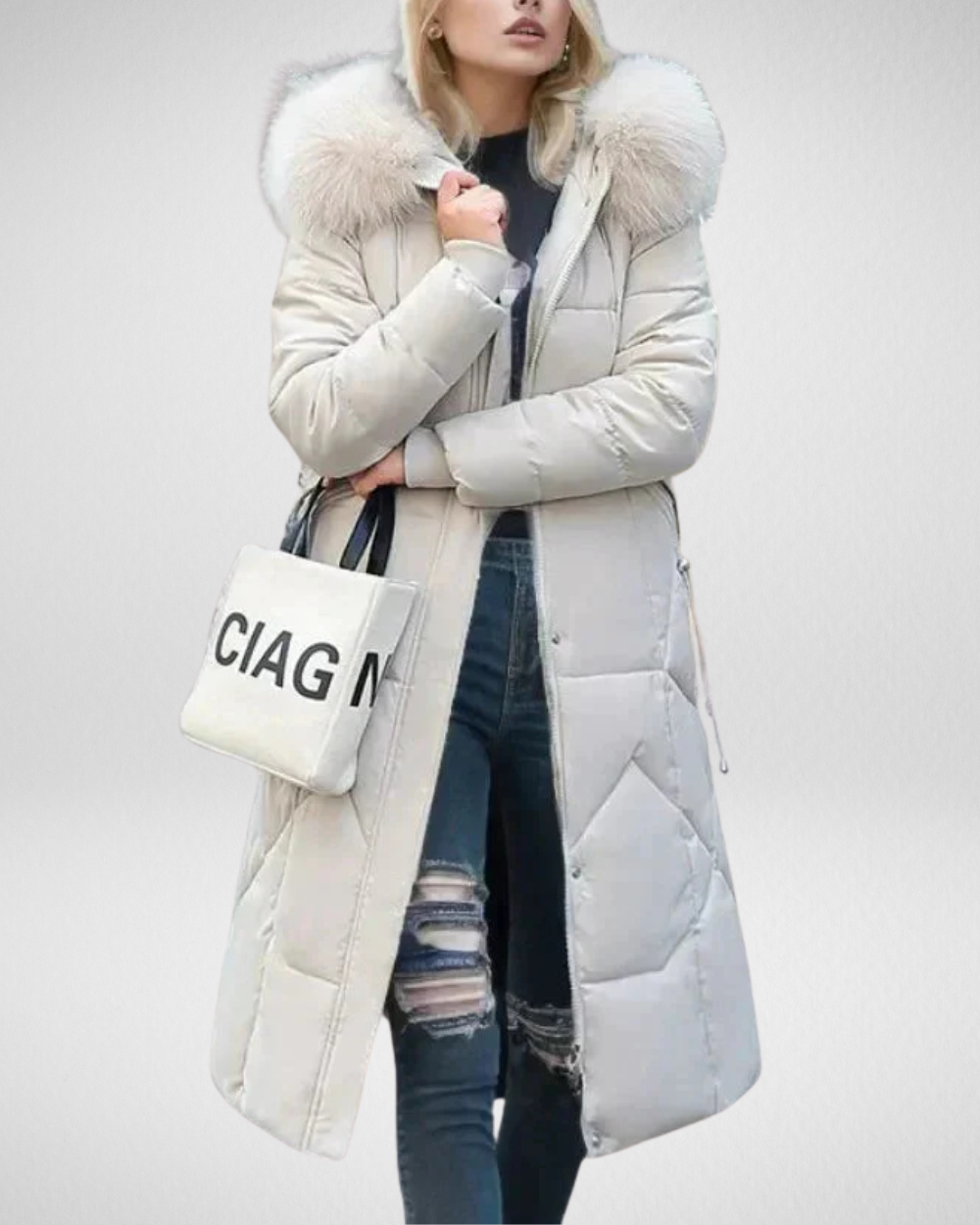 Elegancki płaszcz zimowy z kapturem i futrzanym kołnierzem