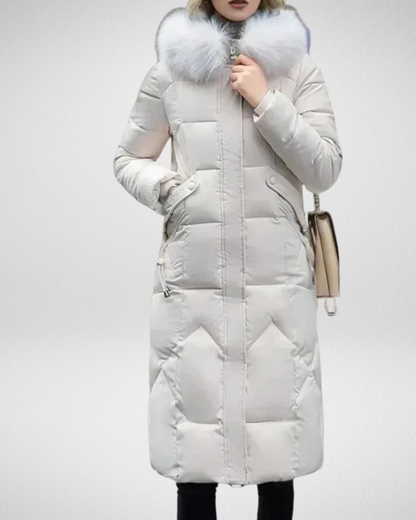 Elegancki płaszcz zimowy z kapturem i futrzanym kołnierzem