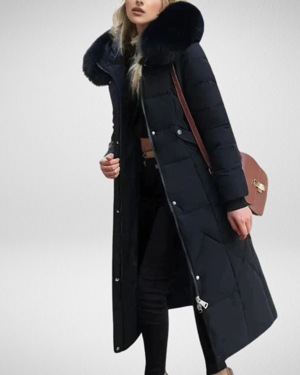 Elegancki płaszcz zimowy z kapturem i futrzanym kołnierzem