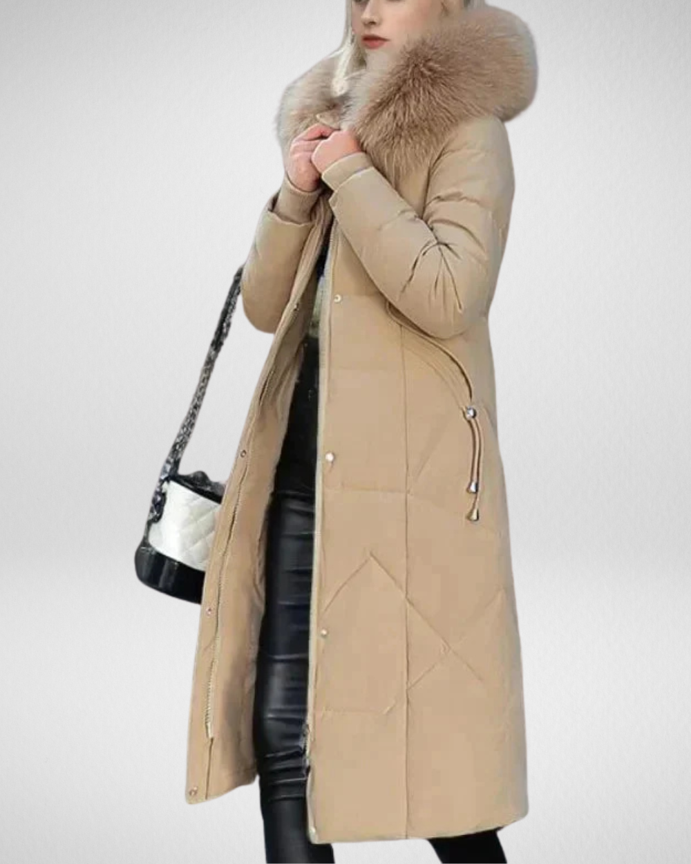 Elegancki płaszcz zimowy z kapturem i futrzanym kołnierzem