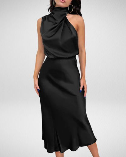 Elegancka satynowa sukienka midi – klasyczna kobiecość i nowoczesny szyk