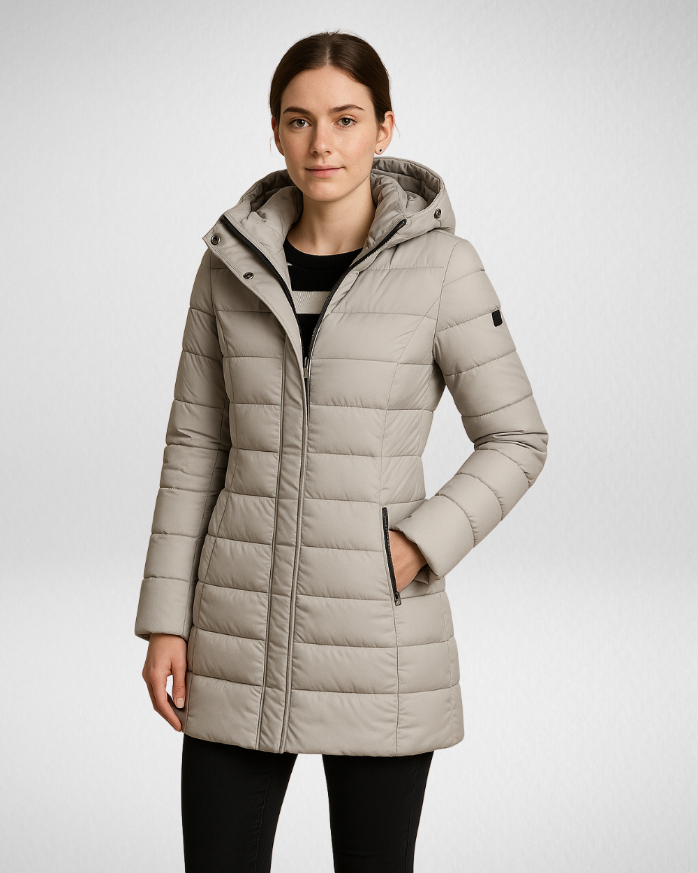 Długa pikowana kurtka zimowa – smukły krój i odpinany kaptur