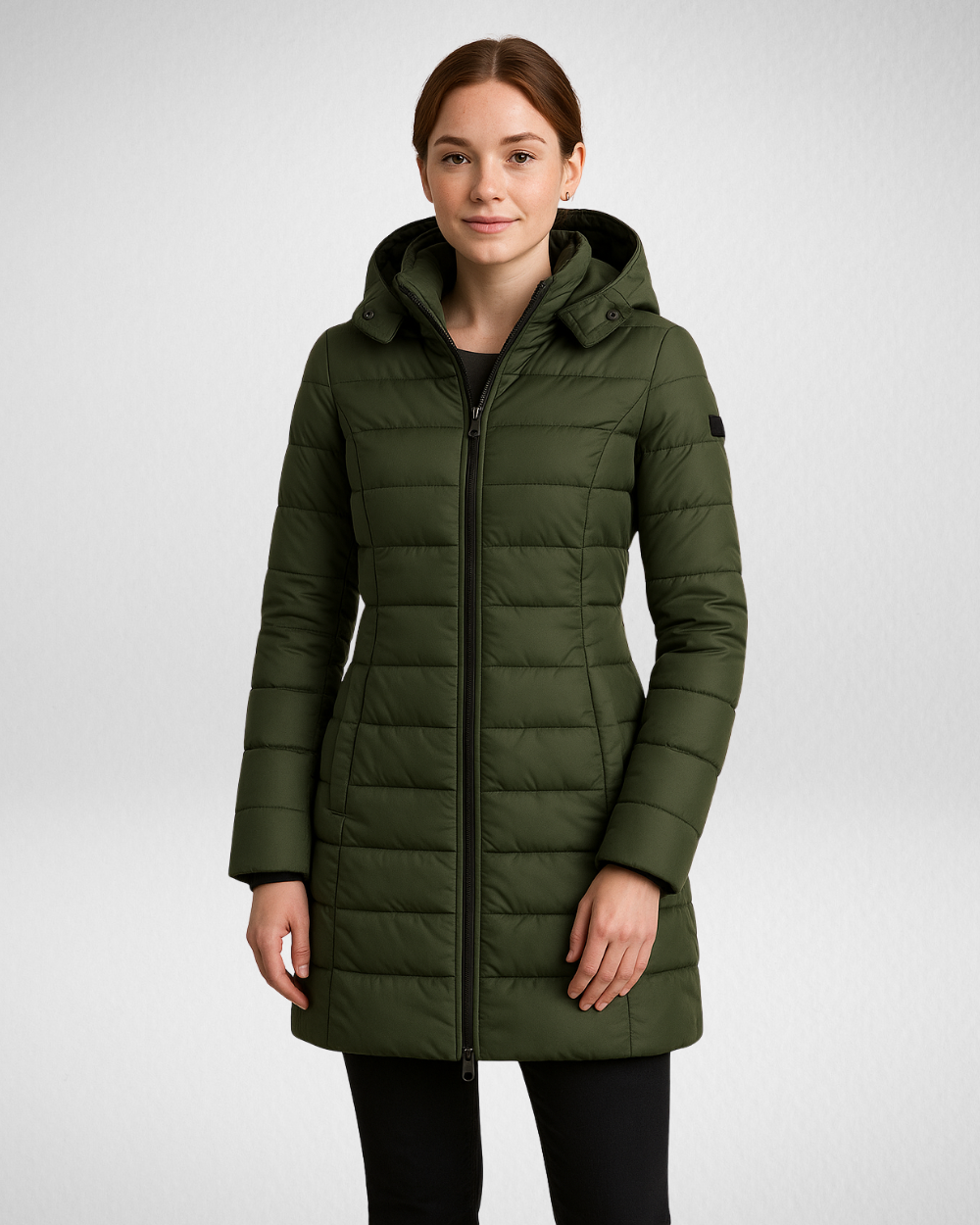 Długa pikowana kurtka zimowa – smukły krój i odpinany kaptur