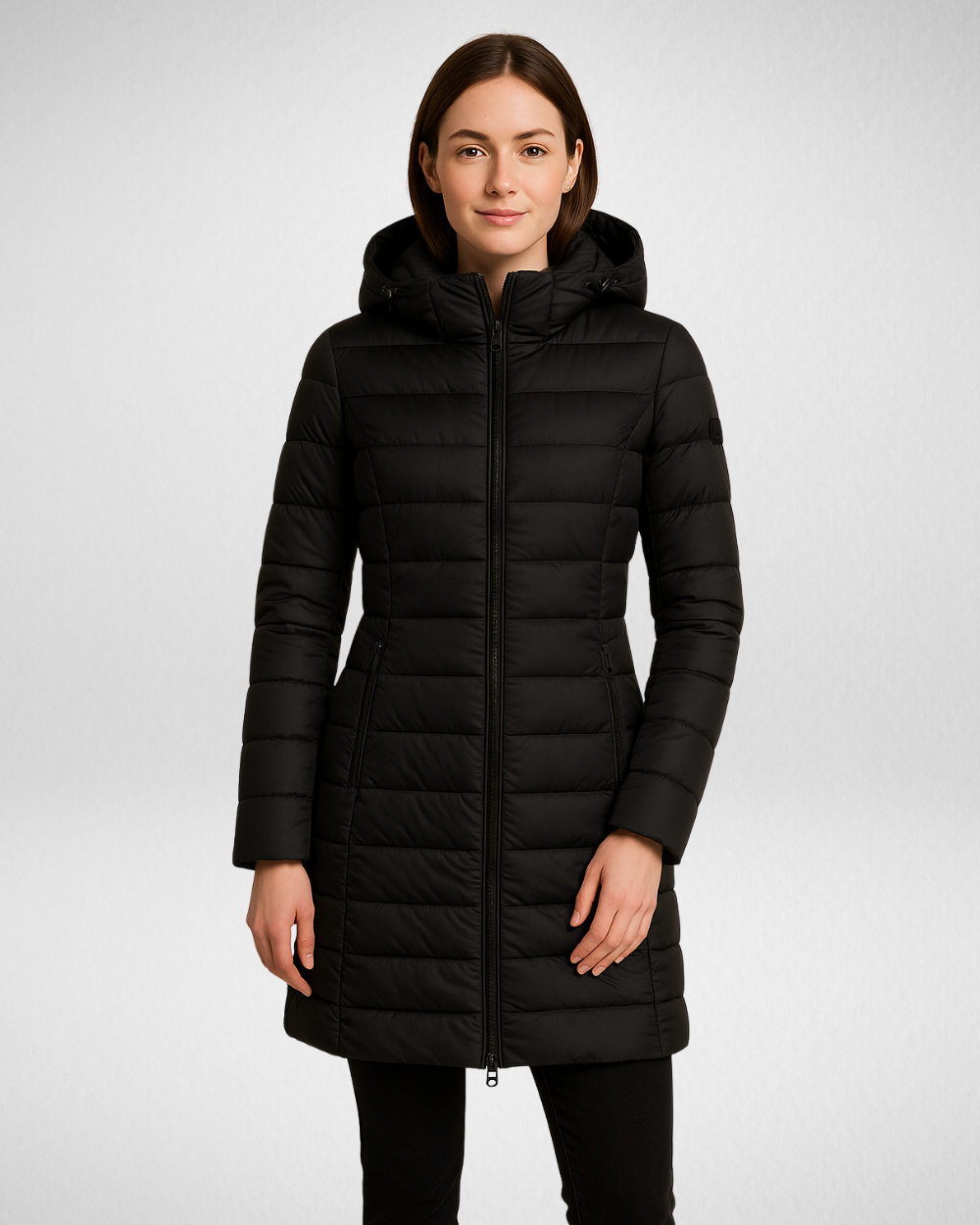 Długa pikowana kurtka zimowa – smukły krój i odpinany kaptur