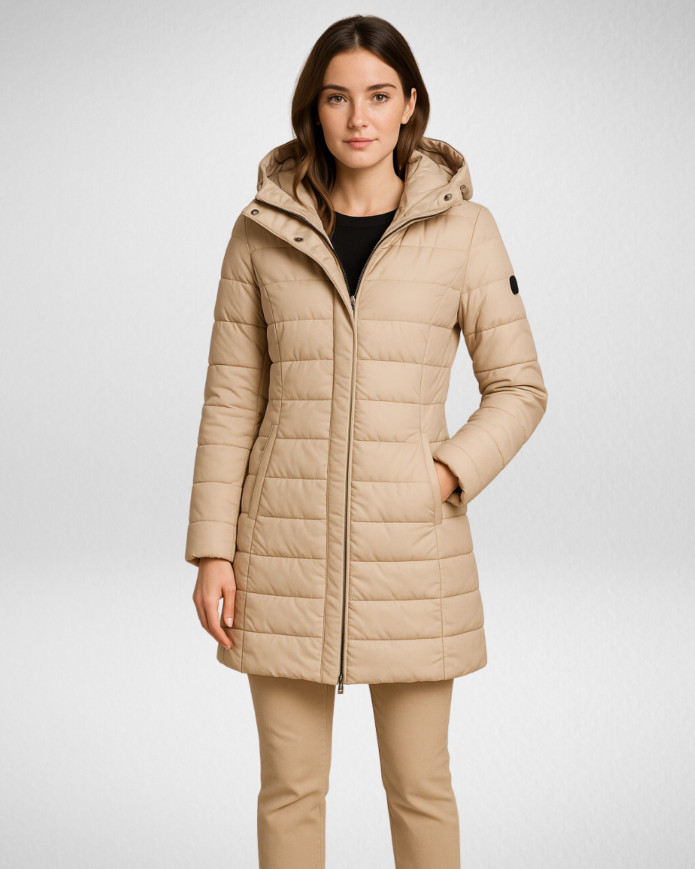 Długa pikowana kurtka zimowa – smukły krój i odpinany kaptur