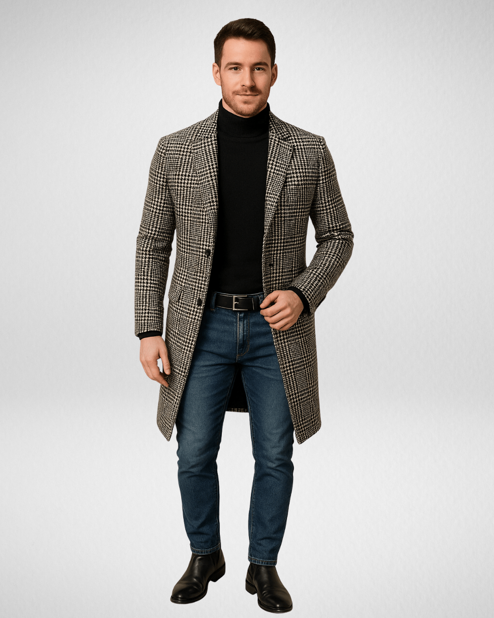 Męski płaszcz wełniany w kratę – nowoczesna elegancja na chłodne dni